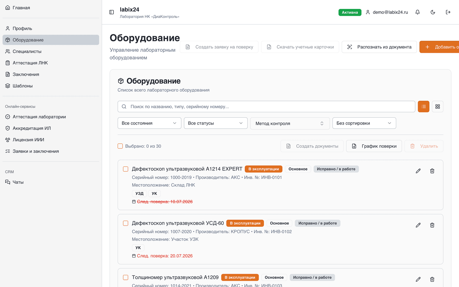 Реестр оборудования Labix24 со сроками поверки и методами контроля